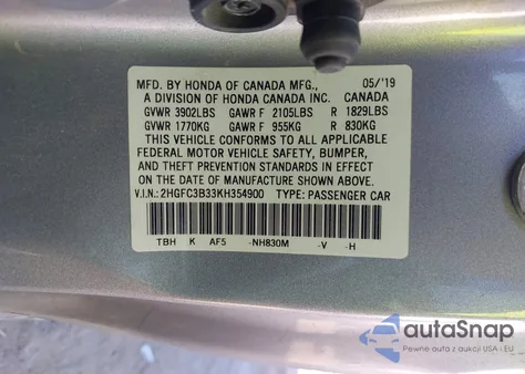 2019 Honda Civic Ex from USA, damaged, VIN 2HGFC3B33KH354900